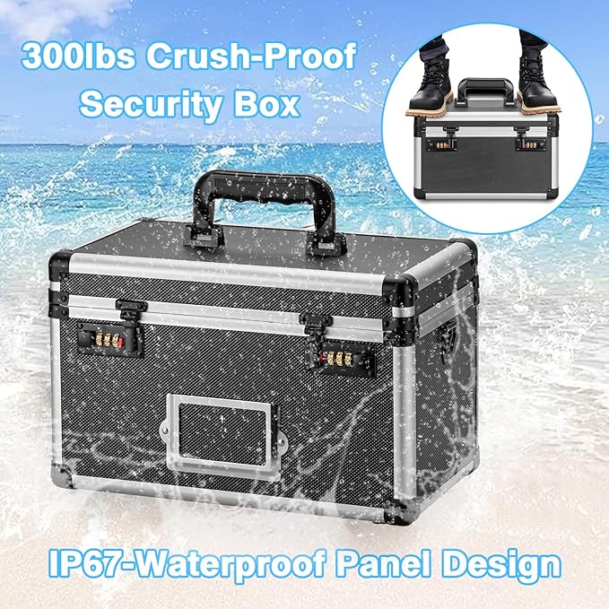 15 x 8.7 x 10 Inch Lockable Storage Box with Combination Lock, Portable Safe for Documents, Medicine, Cash & Valuables, Medicine Lock Box with Label Slot for Home, Office & Travel - Black