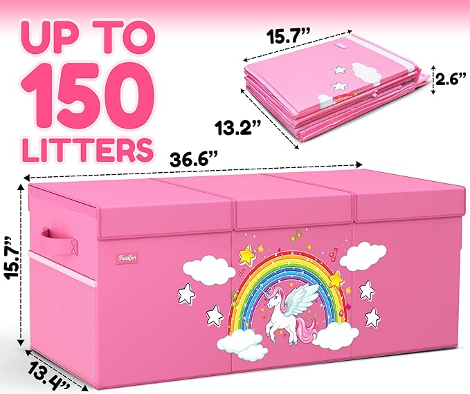 XL Unicorn Toy Box - Foldable & Collapsible Cardboard Toy Chest Storage, Glow in the Dark Stickers - Extra Large Organizer with Lid, Kids Storage with Removable Dividers & Mesh Pocket - Pink