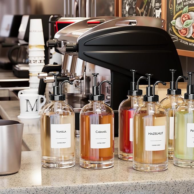 16.9 oz/500 ml Coffee Syrup Dispenser Set - 2 Glass Bottles with Black Pumper and Syrup Labels - Precise Dispensing and Stylish Addition to Coffee Shop, Cafe or Home Bar