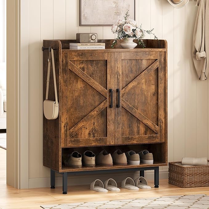 Yaheetech Shoe Storage Cabinet with Barn-Inspired Doors, 6-Tier Shoe Cabinet with Adjustable Shelves & Side Hooks, Compact Shoe Rack Organizer Cabinet for Entryway, Hallway, Rustic Brown