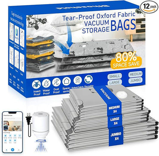 12 Pack Oxford Ripstop Vacuum Storage Bags with Pump, Reusable Space Saver Bags for Clothes, 4 Jumbo + 4 Large +4 Medium Vacuum Bags for Travel, Luggage, Blankets, Quilt