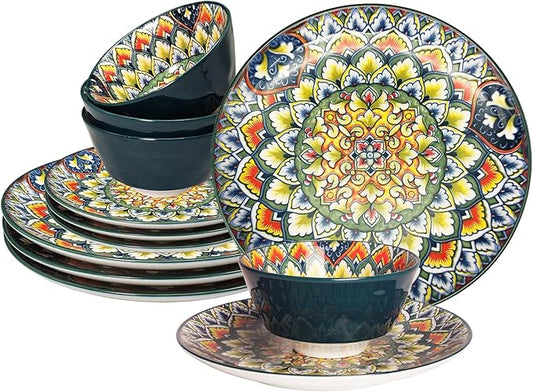 YA JU Mandala Dinnerware Sets (12 Pcs) Serves 4, Buffet Dinnerware, Boho Plates and Bowls Dish Set with 8" Deep Plate 10" dinner Plate 4.8" bowl, apply Casual dining Indoor Outdoor Dining Party