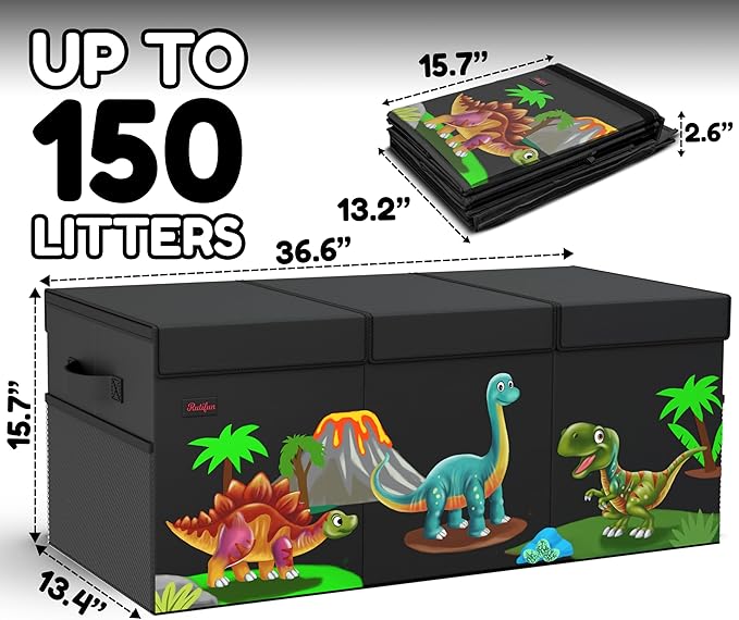 XL Dinosaur Toy Box - Foldable & Collapsible Cardboard Toy Chest Storage, Cute Dinosaur Design - Extra Large Organizer with Lid, Kids Storage with Removable Dividers & Mesh Pocket - Black