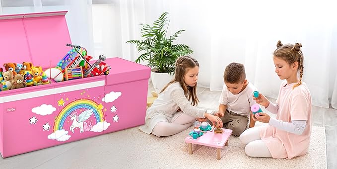 XL Unicorn Toy Box - Foldable & Collapsible Cardboard Toy Chest Storage, Glow in the Dark Stickers - Extra Large Organizer with Lid, Kids Storage with Removable Dividers & Mesh Pocket - Pink