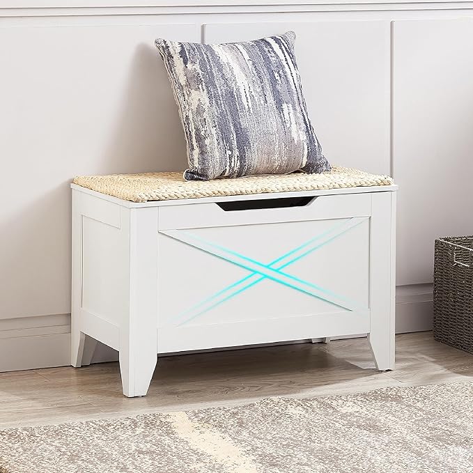 VECELO 30" Storage Chest with Lift Top Storage, Farmhouse Style Ottoman with Handwoven Wicker Cushion, Safety Hinges, Ideal for Entryway, Bedroom, Living Room, Ivory White