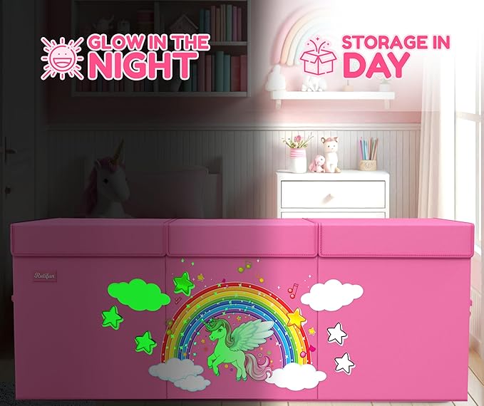 XL Unicorn Toy Box - Foldable & Collapsible Cardboard Toy Chest Storage, Glow in the Dark Stickers - Extra Large Organizer with Lid, Kids Storage with Removable Dividers & Mesh Pocket - Pink
