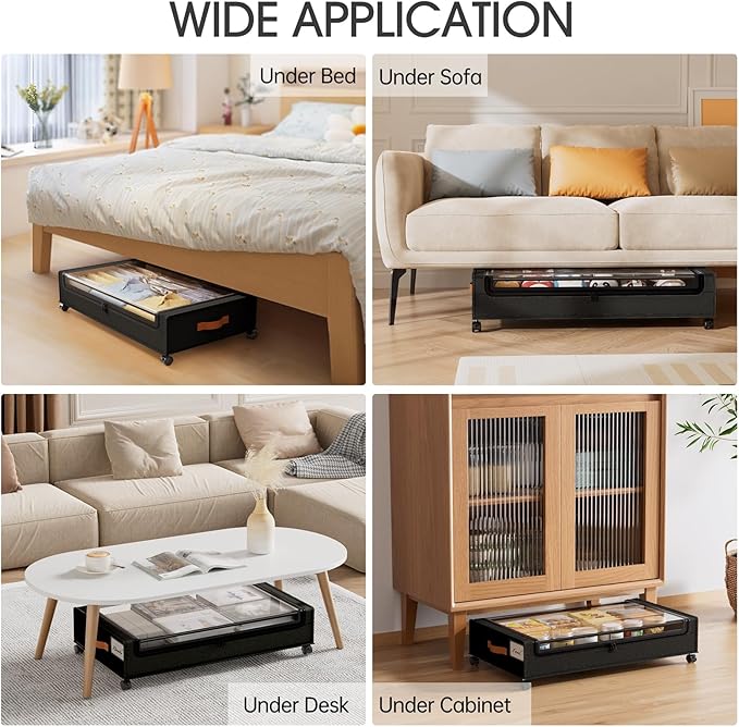 Yecaye 4 Pack Under Bed Storage with Wheels, Under Bed Storage Containers with Lids, Large Under Bed Rolling Storage with Clear Window & Label, Rolling Drawers for Clothes, Blankets, Books