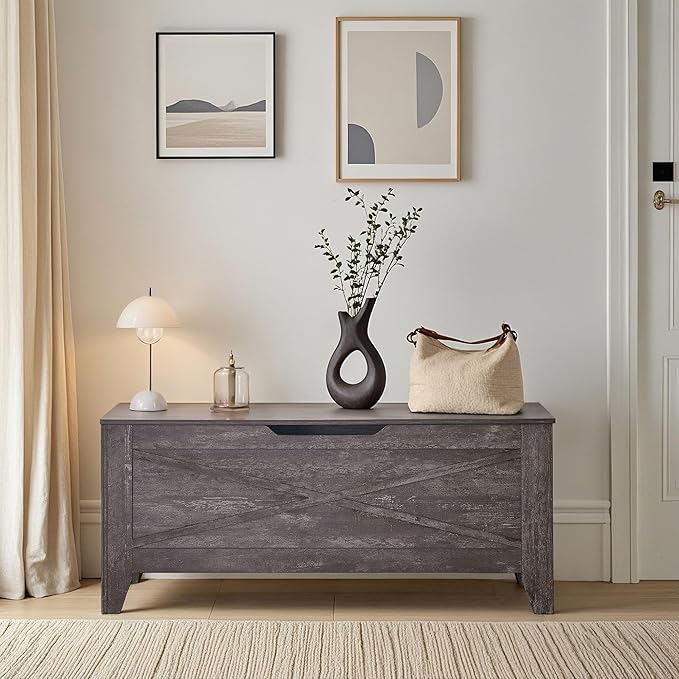 VECELO 43.3" Storage Chest with Lift Top Storage, Farmhouse Style Ottoman with Handwoven Wicker Cushion, Safety Hinges, Ideal for Entryway, Bedroom, Living Room, Coal Grey