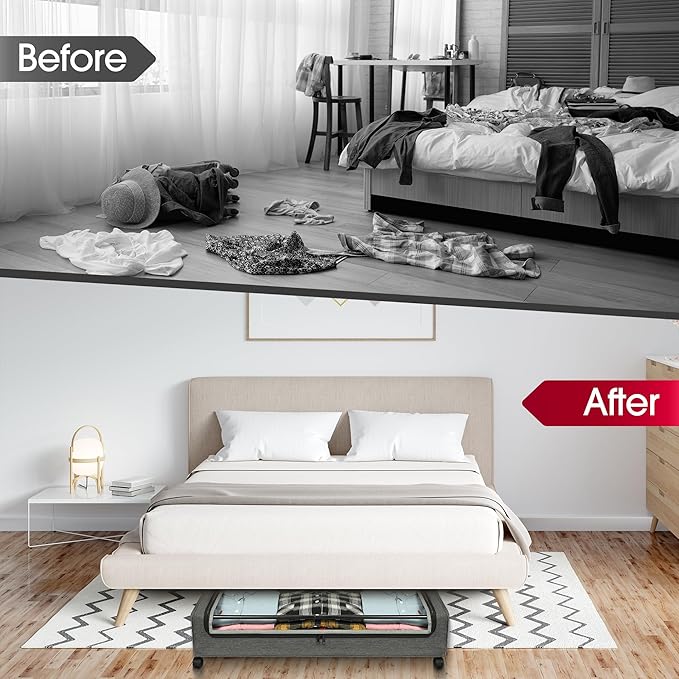 Yecaye Under Bed Storage with Wheels, 4 Pack 60L Under Bed Rolling Storage with Clear Window & Label, Underbed Storage Containers, Rolling Under Bed Metal Drawer for Clothes, Shoes, Toys, Books