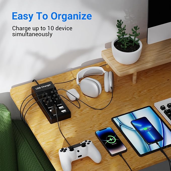 10-Port USB Charger Station, 50W10A Multiport Charger Hub for iPhone, Galaxy, iPad & More