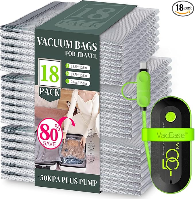 18 Pack Vacuum Bags for Travel with USB Pump, Compression Travel Vacuum Bags for Luggage and Suitcase, Carry-on Size Space Saver Bags for Clothes and Clothing