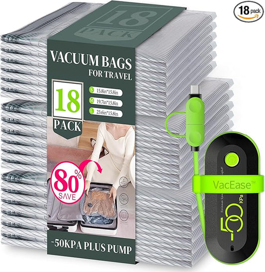18 Pack Vacuum Bags for Travel with USB Pump, Compression Travel Vacuum Bags for Luggage and Suitcase, Carry-on Size Space Saver Bags for Clothes and Clothing