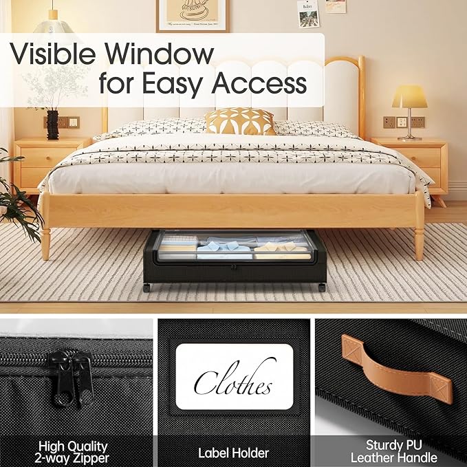 Yecaye 4 Pack Under Bed Storage with Wheels, Under Bed Storage Containers with Lids, Large Under Bed Rolling Storage with Clear Window & Label, Rolling Drawers for Clothes, Blankets, Books