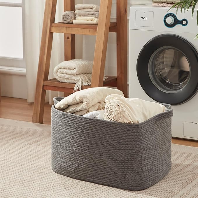 118L Extra Large Blanket Basket, 24.8" x 17.7" x 17.2" Woven Storage Basket for Living Room, Rectangle Nursery Blanket Storage for Toys, Towels, Dirty Clothes (Grey)