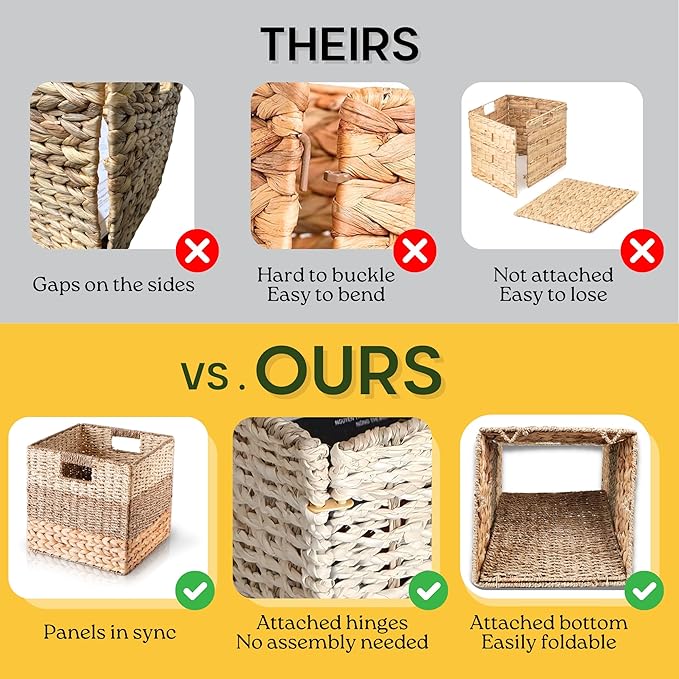 13x13x13 Storage Cube Bins Wicker Storage Basket for Cube Shelf, Natural Foldable Square Baskets for Storage, Large Woven Cube Storage Bin with Handle, Baskets for Pantry, Bedroom Set of 4