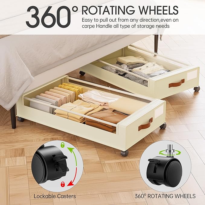 Yecaye Under Bed Storage with Wheels, 2 Pack Under Bed Storage Containers, 60L Underbed Shoe Storage with Clear Window & Label, Rolling Under Bed Metal Drawer for Clothes, Shoes,Toys, Books, Blankets
