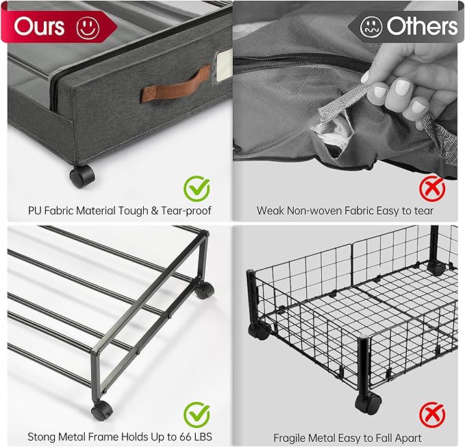 Yecaye Under Bed Storage with Wheels, 4 Pack 60L Under Bed Rolling Storage with Clear Window & Label, Underbed Storage Containers, Rolling Under Bed Metal Drawer for Clothes, Shoes, Toys, Books