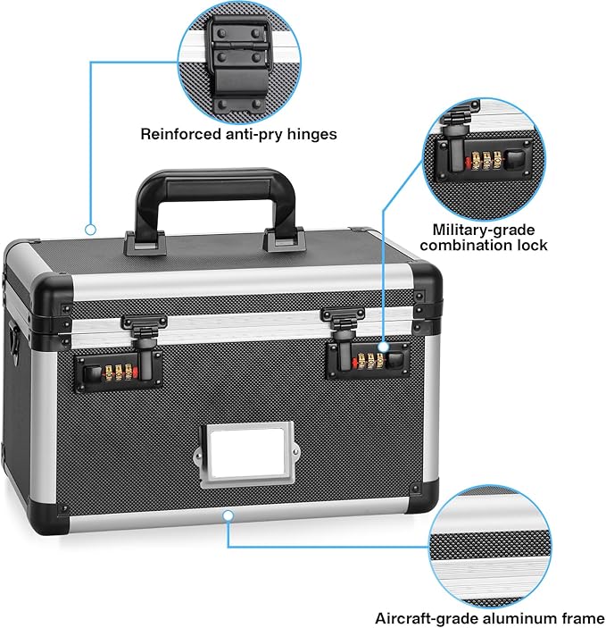 10.2 x 7 x 7.5 Inch Lockable Storage Box with Combination Lock, Portable Safe for Documents, Medicine, Cash & Valuables, Medicine Lock Box with Label Slot for Home, Office & Travel - Black