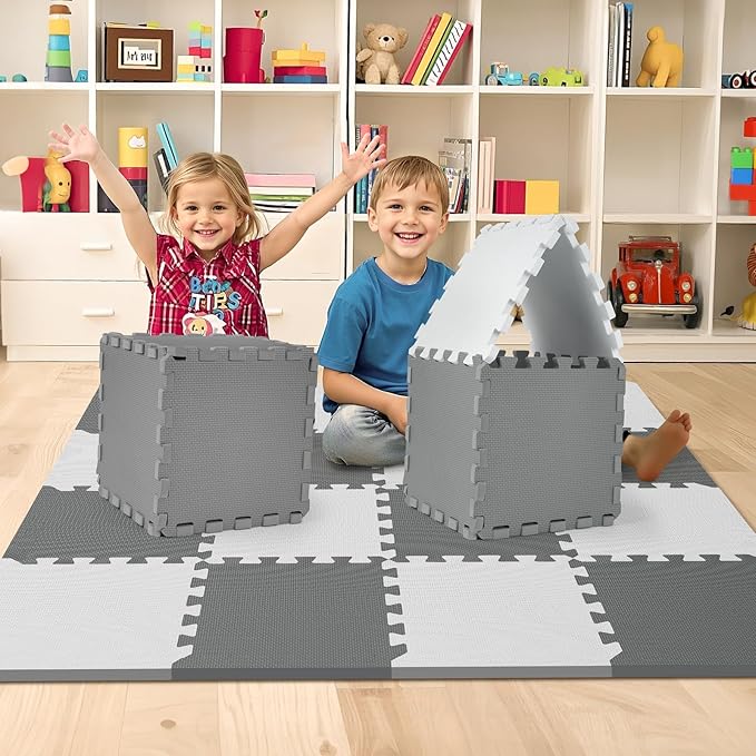 16 Tiles Baby Play Mat for Floor, EVA Foam Baby Floor Play Mat with 0.6 Inch Thick Interlocking Foam Tiles, Foam Floor Tiles for Baby, Toddlers and Kids (Grey-White, 16PCS)
