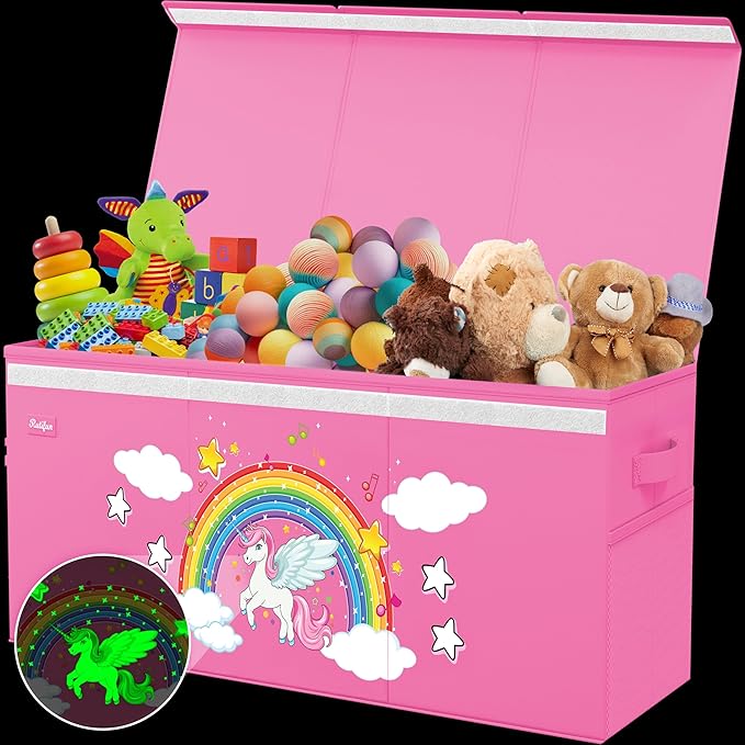 XL Unicorn Toy Box - Foldable & Collapsible Cardboard Toy Chest Storage, Glow in the Dark Stickers - Extra Large Organizer with Lid, Kids Storage with Removable Dividers & Mesh Pocket - Pink