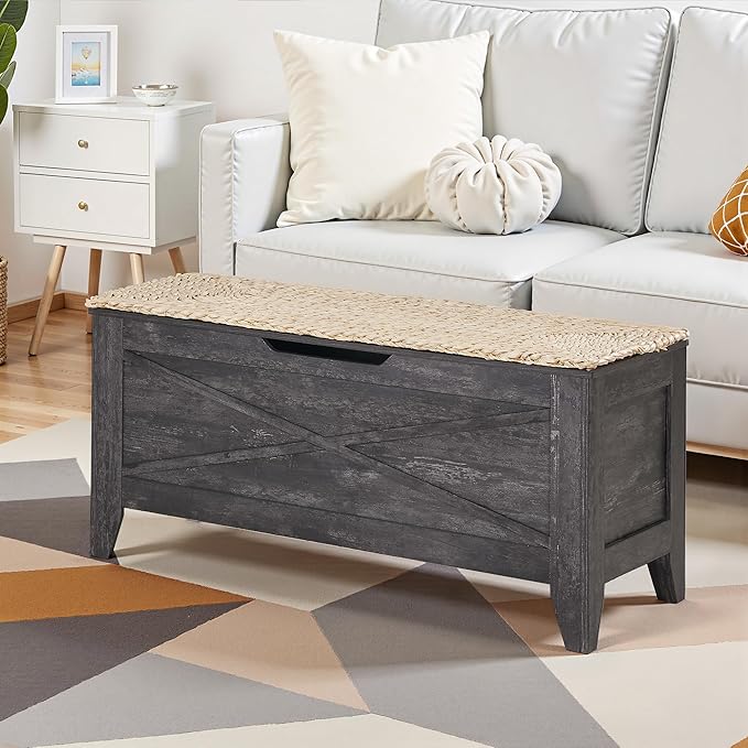 VECELO 43.3" Storage Chest with Lift Top Storage, Farmhouse Style Ottoman with Handwoven Wicker Cushion, Safety Hinges, Ideal for Entryway, Bedroom, Living Room, Coal Grey