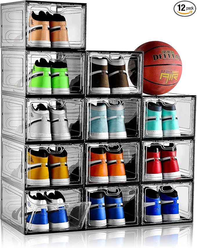 12 Pack Gray Transparent Shoe Storage Organizer, Stackable Shoe Boxes for Closet, Drop Front Plastic Shoe Box with Grey Door, Easy to Assemble, Fit up US Size 12(13.4”x 9.8”x 7.1”)