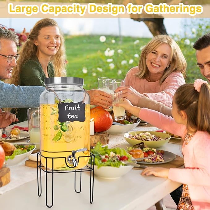 2 Gallon Glass Drink Dispenser, Drink Dispenser for Parties, Beverage Dispenser with Stand, Fruit Infuser, 100% Leakproof Spigot, Ideal for Lemonade, Juice, Iced Tea, Laundry Detergent Dispenser