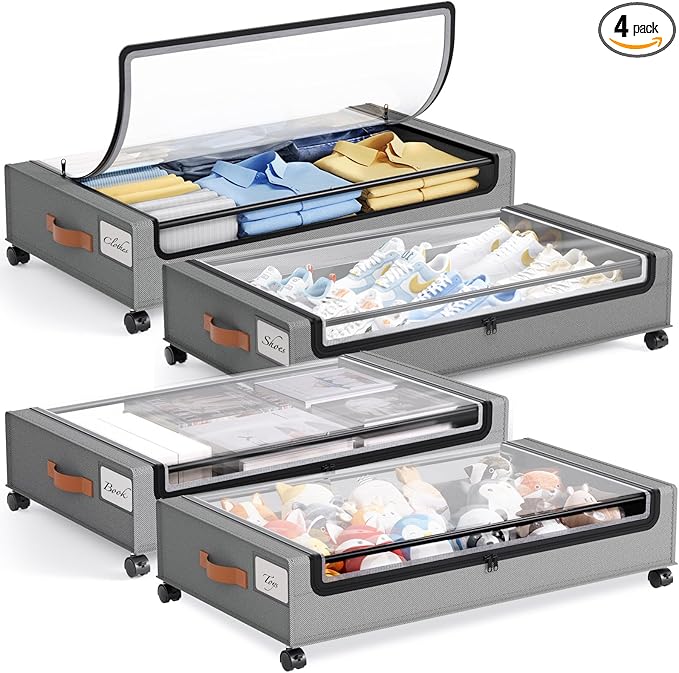 Yecaye 4 Pack Under Bed Storage with Wheels, Under Bed Storage Containers with Lids, Large Under Bed Rolling Storage with Clear Window & Label, Rolling Drawers for Clothes, Blankets, Books