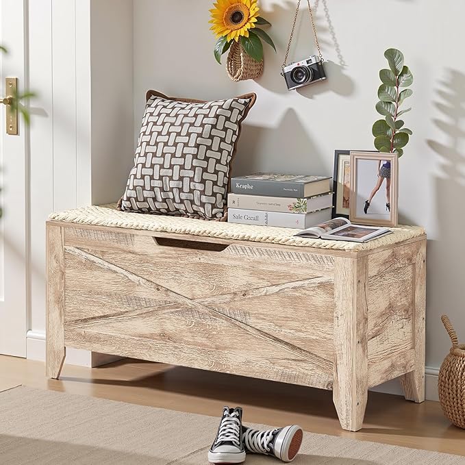 VECELO Storage Chest, 43.3in Wooden Bench for Storage with Safety Metal Hinges and Wicker Mat,Entryway Shoe Trunk Industrial Style for Bedroom Living Room,Burly Wood