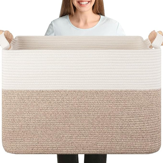 XXXL Supre Large Blanket Basket for Clothes, Towels, Pillows, 108L Cotton Rope Storage Basket for Living Room, Supre Large Woven Toy Storage for Kids, 25" x 16" x 16", Brown and White