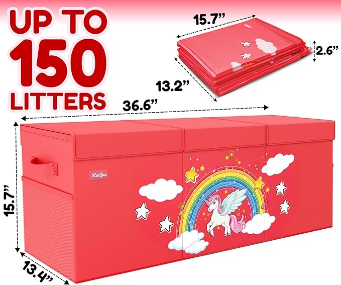XL Unicorn Toy Box - Foldable & Collapsible Cardboard Toy Chest Storage, Glow in the Dark Stickers - Extra Large Organizer with Lid, Kids Storage with Removable Dividers & Mesh Pocket - Red