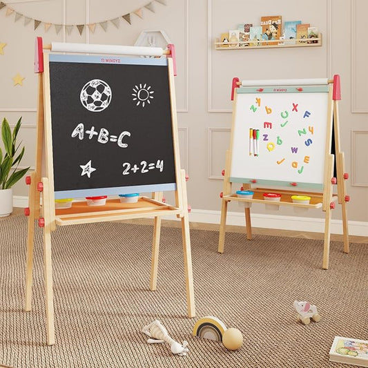 WINGYZ Easel for Kids – 3-in-1 Art Easel with Chalkboard, Magnetic Whiteboard & 400" Paper Roll, Adjustable Wooden Drawing Board for Home, Classroom & Outdoor, Creative Gift for Toddlers & Kids 2-12