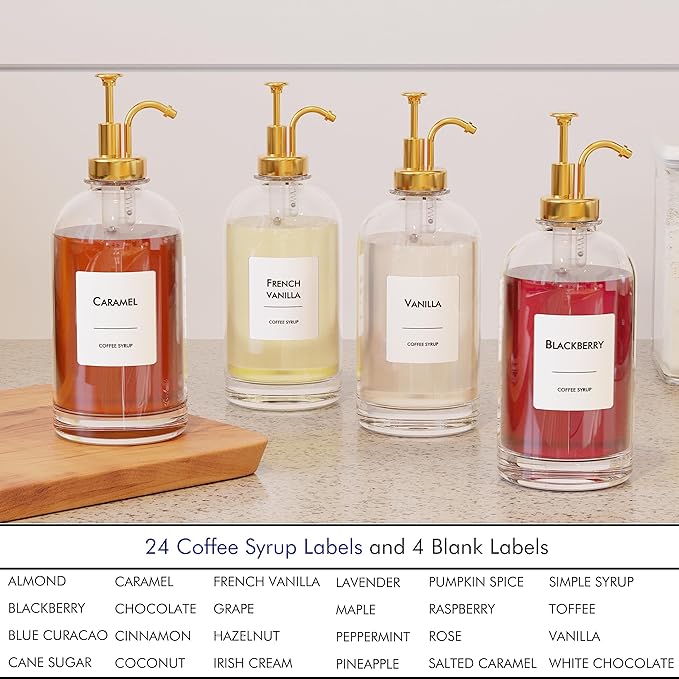 16.9 oz/500 ml Coffee Syrup Dispenser Set - 6 Glass Bottles with Gold Pumper and Syrup Labels - Precise Dispensing and Stylish Addition to Coffee Shop, Cafe or Home Bar