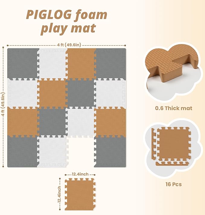 16 Tiles Baby Play Mat for Floor, EVA Foam Baby Floor Play Mat with 0.6 Inch Thick Interlocking Foam Tiles, Foam Floor Tiles for Baby, Toddlers and Kids (White-Brown-Grey, 16PCS)