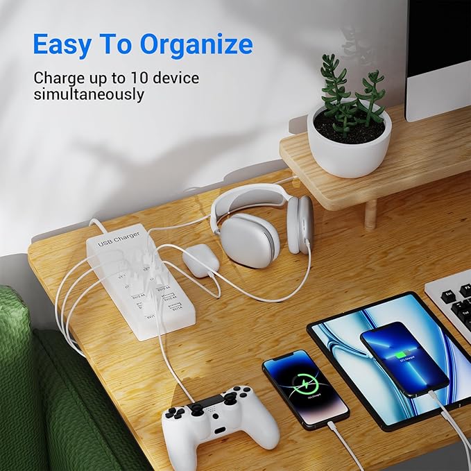 10-Port USB C Charger Block (6 USB-A Port & 4 USB-C Port), 50W10A Multiport Charger Hub for iPhone, Galaxy, iPad & More