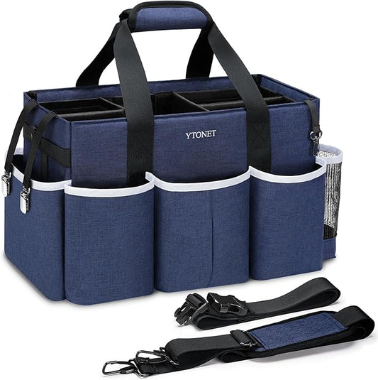 Ytonet Extra Large Cleaning Caddy Bag with 4 Foldable Dividers, Wearable Cleaning Caddy Organizer with Handle & Shoulder Strap & Waist Strap, Housekeeping Tote for Cleaners, Blue