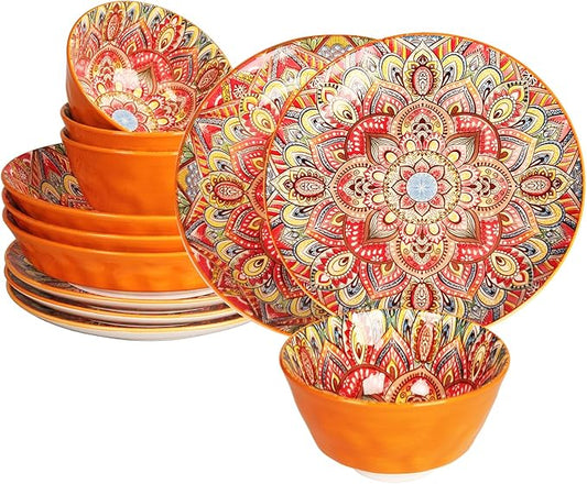 YA JU Mandala Dinnerware Sets (12 Pcs) Serves 4, Buffet Dinnerware, Boho Plates and Bowls Dish Set with 8" salad Plate 8" Dessert Plate 4.8" bowl, apply Casual dining Indoor Outdoor Dining Party