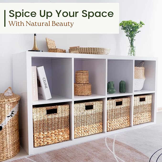 13x13x13 Storage Cube Bins Wicker Storage Basket for Cube Shelf, Natural Foldable Square Baskets for Storage, Large Woven Cube Storage Bin with Handle, Baskets for Pantry, Bedroom Set of 4