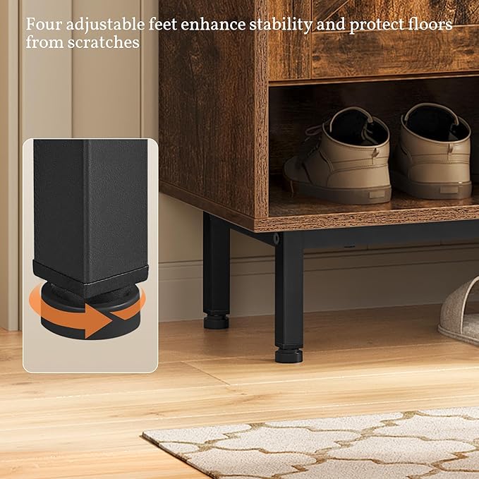 Yaheetech Shoe Storage Cabinet with Barn-Inspired Doors, 6-Tier Shoe Cabinet with Adjustable Shelves & Side Hooks, Compact Shoe Rack Organizer Cabinet for Entryway, Hallway, Rustic Brown