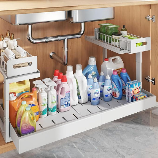 1 Pack-19"-32"W Expandable Under Sink Organizer With Upgrade Ball-Bearing Slide,2-Tier Pull Out Under Cabinet Organizer Height Adjustable,Not Suitable For Cabinets With Partitions In The Middle