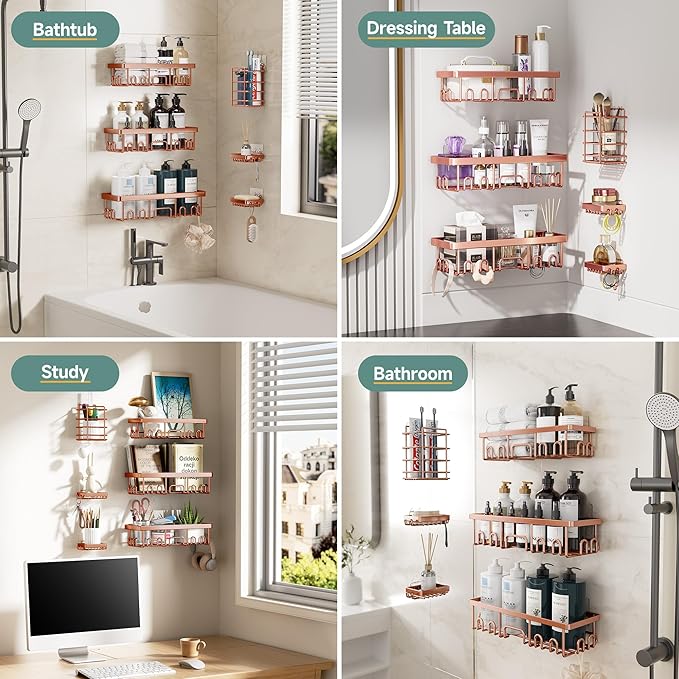 Veken Shower Caddy 6-Pack, No Drilling & Rustproof, Waterproof Adhesive Shelves Rack with Soap Holder, Large Capacity Bathroom Organizers and Storage, Wall-Mounted Kitchen & Home Decor