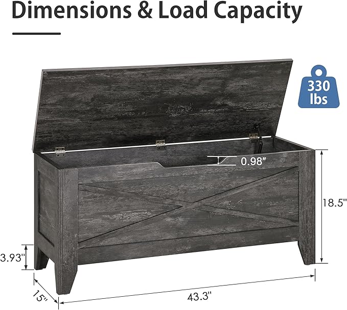 VECELO 43.3" Storage Chest with Lift Top Storage, Farmhouse Style Ottoman with Handwoven Wicker Cushion, Safety Hinges, Ideal for Entryway, Bedroom, Living Room, Coal Grey