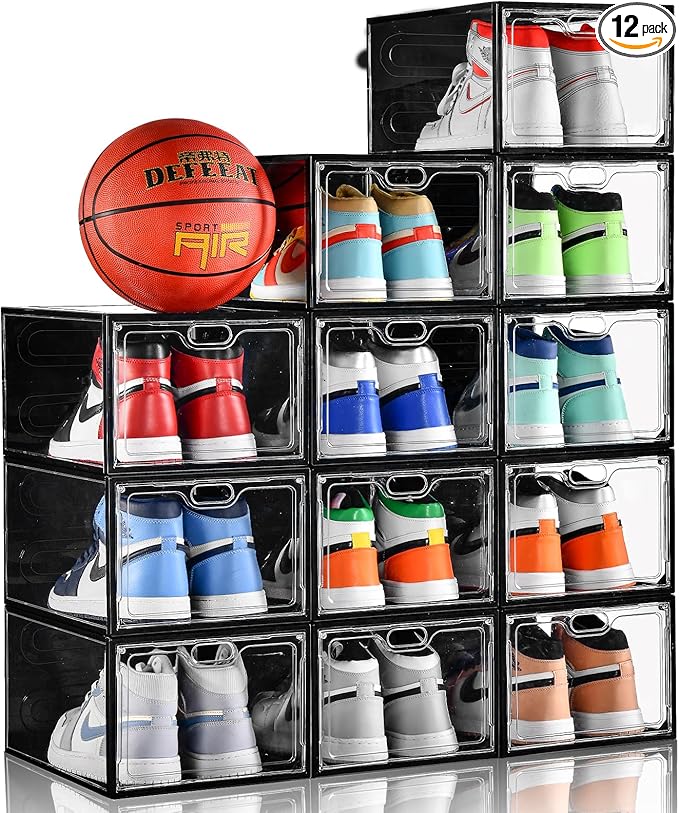 12 Pack Large Shoe Storage Box, Clear Shoe Storage Organizer with Magnetic Door, Stackable,Shoe Containers For Display Sneakers, Easy Assembly, Fit up to US Size 12, Transparent