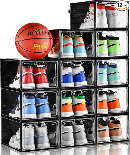 12 Pack Large Shoe Storage Box, Clear Shoe Storage Organizer with Magnetic Door, Stackable,Shoe Containers For Display Sneakers, Easy Assembly, Fit up to US Size 12, Transparent