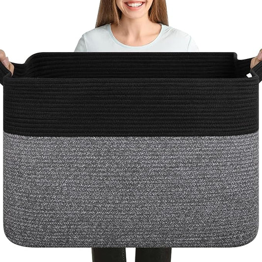 XXXL Supre Large Blanket Basket for Clothes, Towels, Pillows, 108L Cotton Rope Storage Basket for Living Room, Supre Large Woven Toy Storage for Kids, 25" x 16" x 16", Black