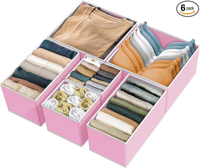 Simple Houseware Underwear Drawer Organizer for Lingerie/Undergarment/Bra/Panty/Sock/Onesie, Set of 6, Pink