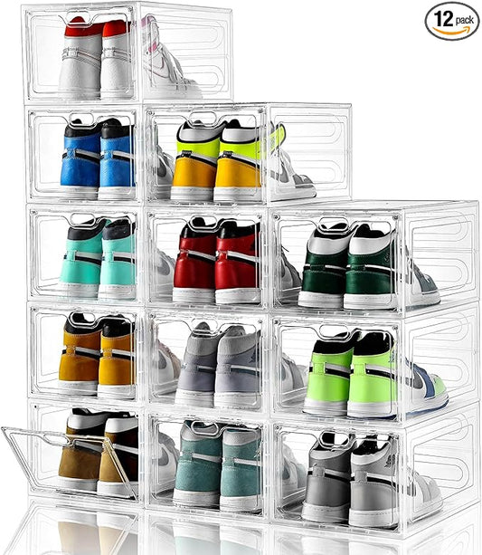 12 Pack Large Shoe Storage Box, Clear Shoe Storage Organizer with Magnetic Door, Stackable,Shoe Containers For Display Sneakers, Easy Assembly, Fit up to US Size 12, Clear