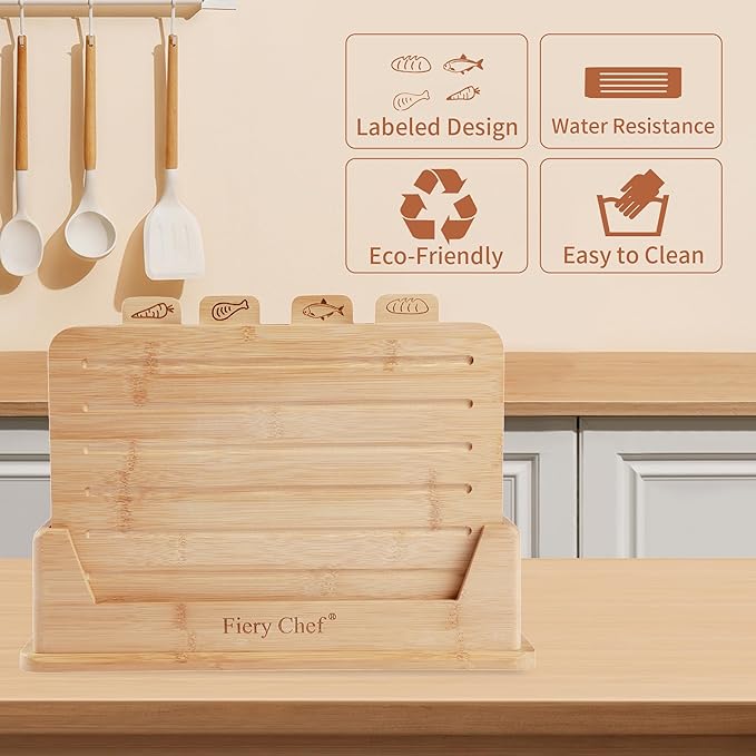 14.56"L x 11"W Bamboo Cutting Board Set of 4 - Wood Cutting Board Set with Holder, Chopping Boards Set with Food Icons, Juice Groove - Ideal for Meat, Fish, Bread, Vegetable, Fruit Chopping