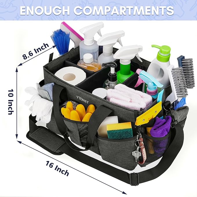 Ytonet Extra Large Cleaning Caddy Bag with 4 Foldable Dividers, Wearable Cleaning Caddy Organizer with Handle & Shoulder Strap & Waist Strap, Housekeeping Tote for Cleaners, Black Grey