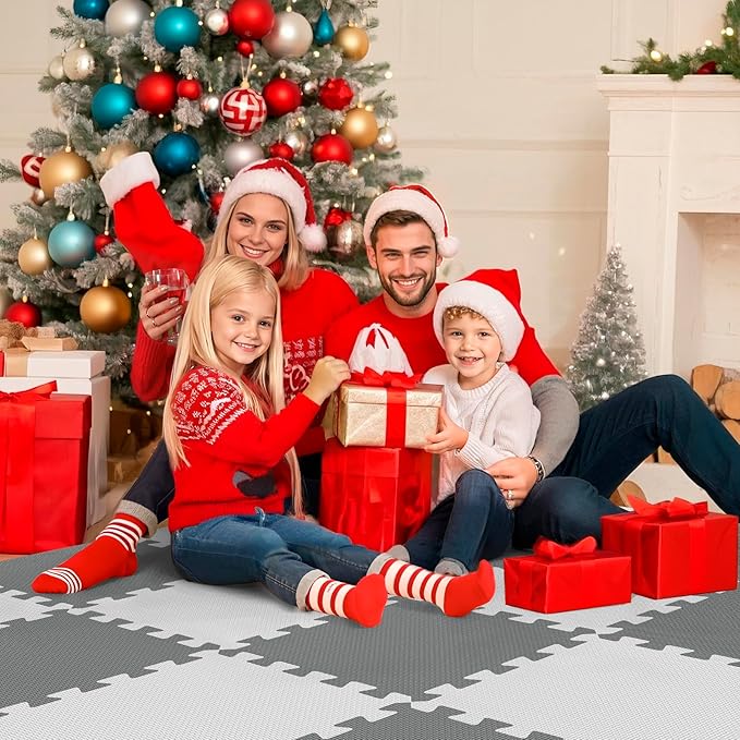 16 Tiles Baby Play Mat for Floor, EVA Foam Baby Floor Play Mat with 0.6 Inch Thick Interlocking Foam Tiles, Foam Floor Tiles for Baby, Toddlers and Kids (Grey-White, 16PCS)